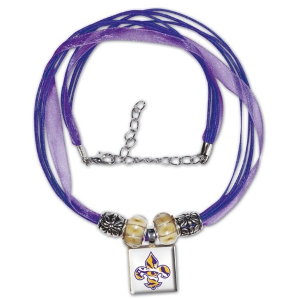 LSU Tigers Lifetiles Necklace with Beads & Purple Ribbon